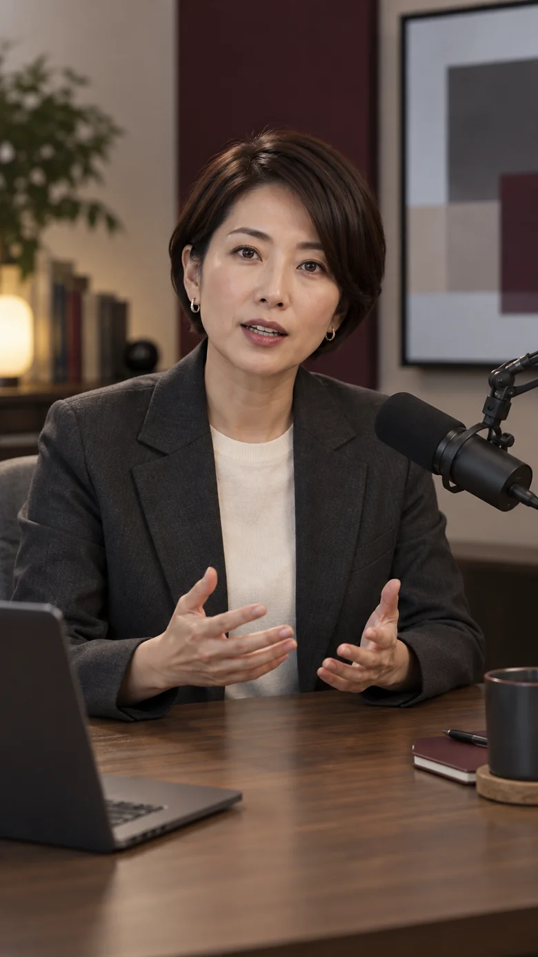 AIエージェントについて解説する女性クリエイターの作例