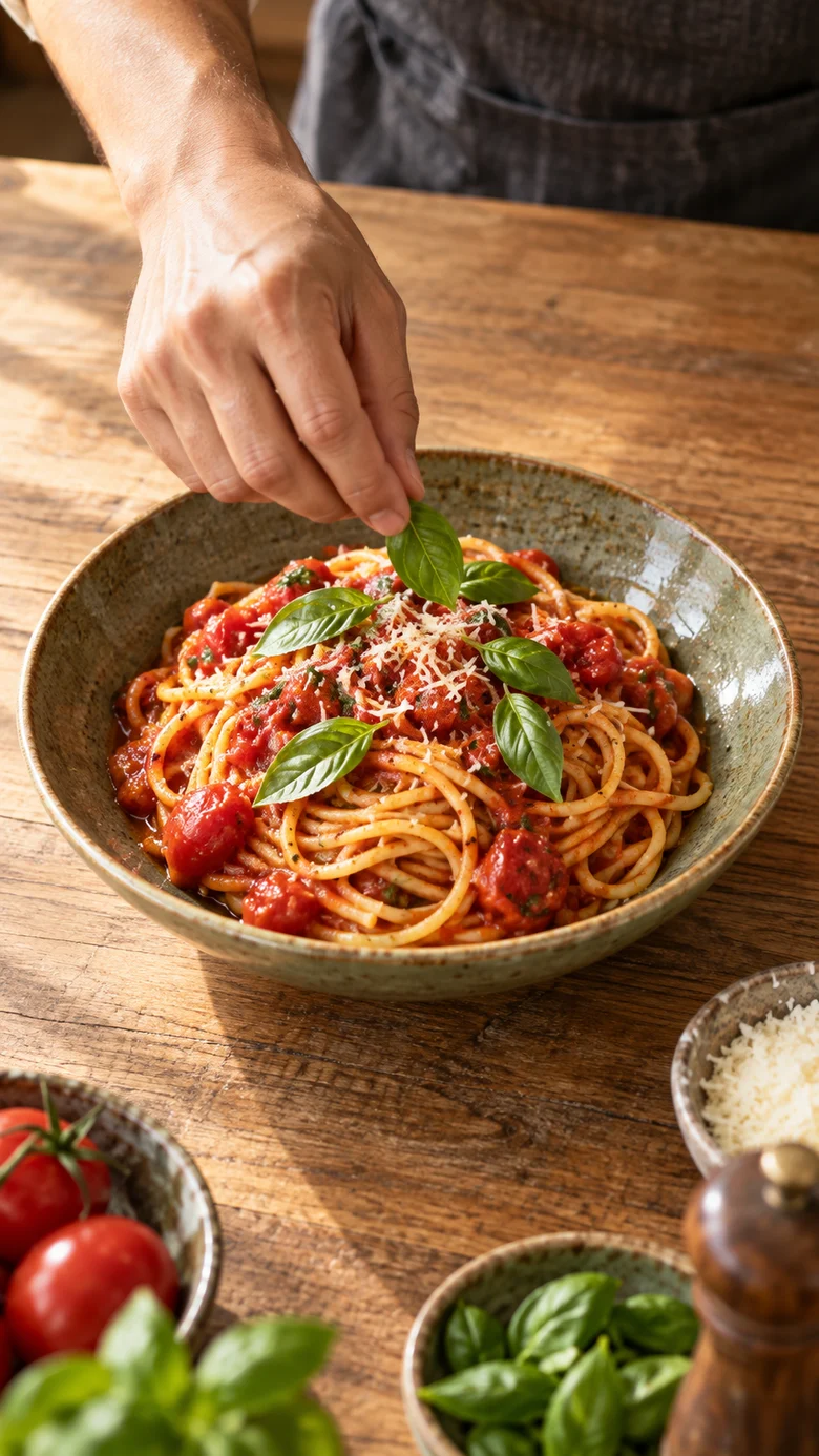 冒頭に置く完成したパスタの寄りカット