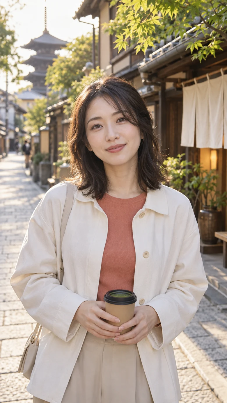 京都の路地で旅を紹介する女性